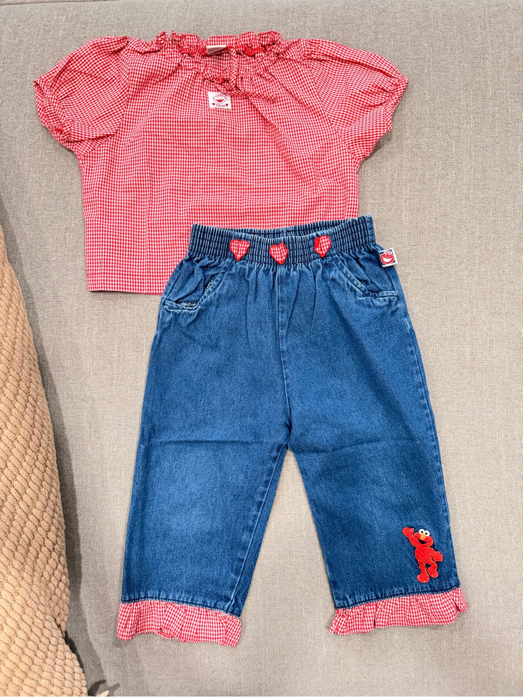 Vintage Sesame Street Elmo Girls Outfit Set Denim Pants Red Gingham Size 4t
